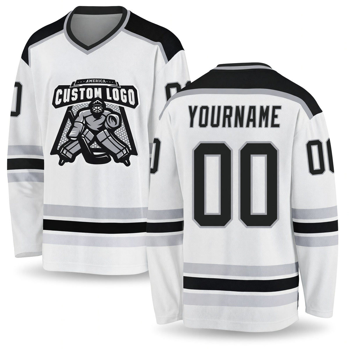 Custom White Black-Gray Hockey Jersey