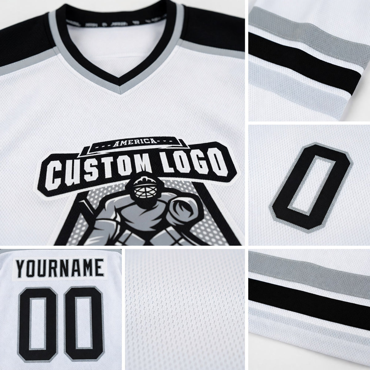Custom White Black-Gray Hockey Jersey detail