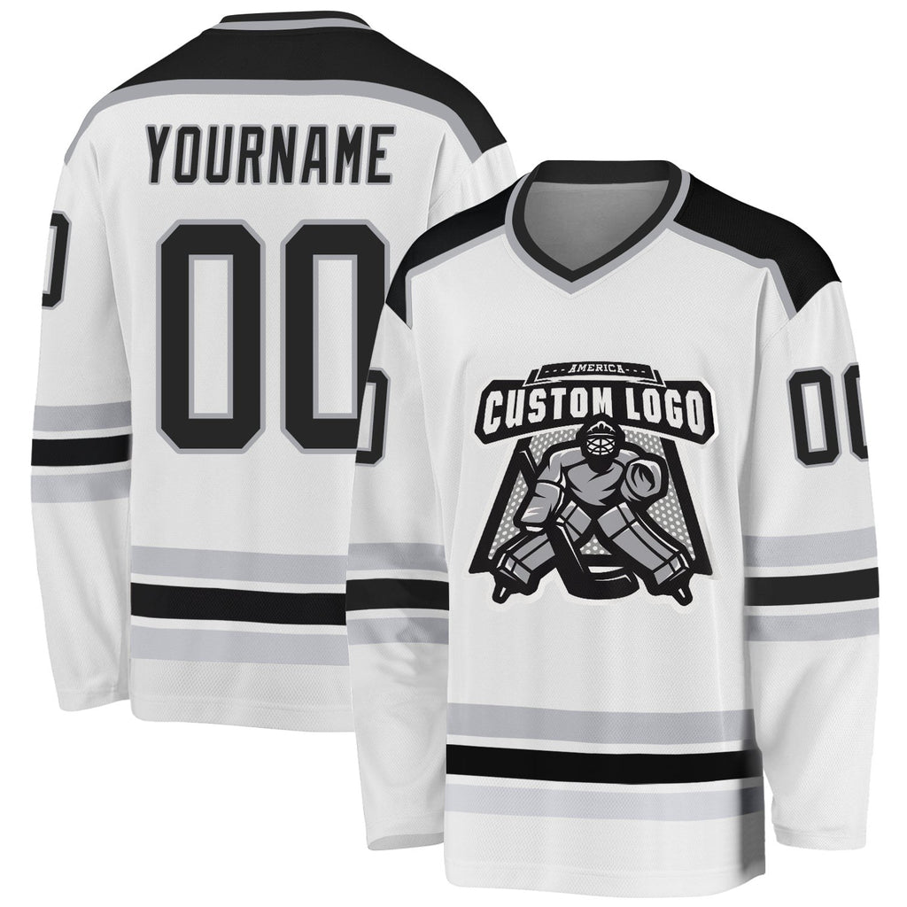 Custom White Black-Gray Hockey Jersey photo 1