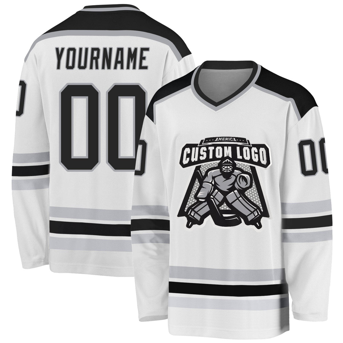 Custom White Black-Gray Hockey Jersey photo 1