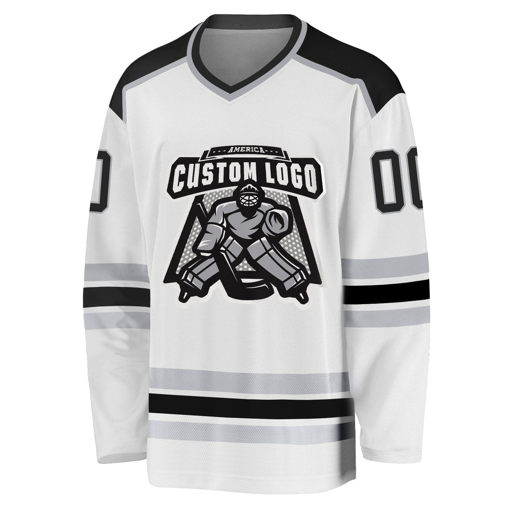 Custom White Black-Gray Hockey Jersey photo 2