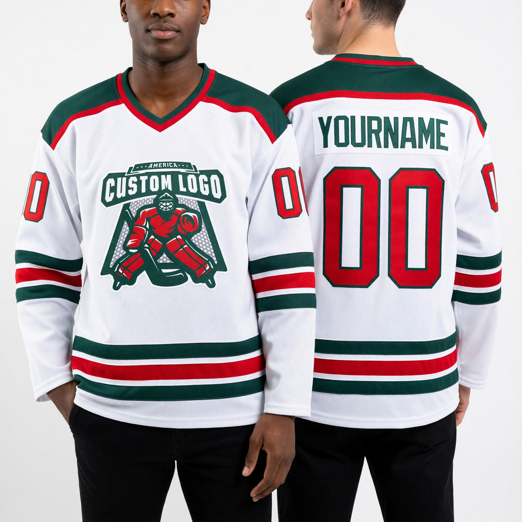 Custom White Red-Green Hockey Jersey worn front and back