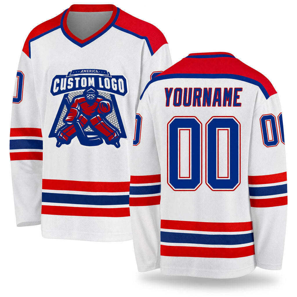Custom White Royal-Red Hockey Jersey