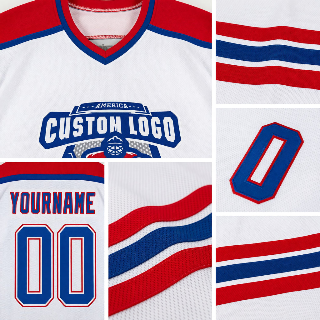 Custom White Royal-Red Hockey Jersey detail