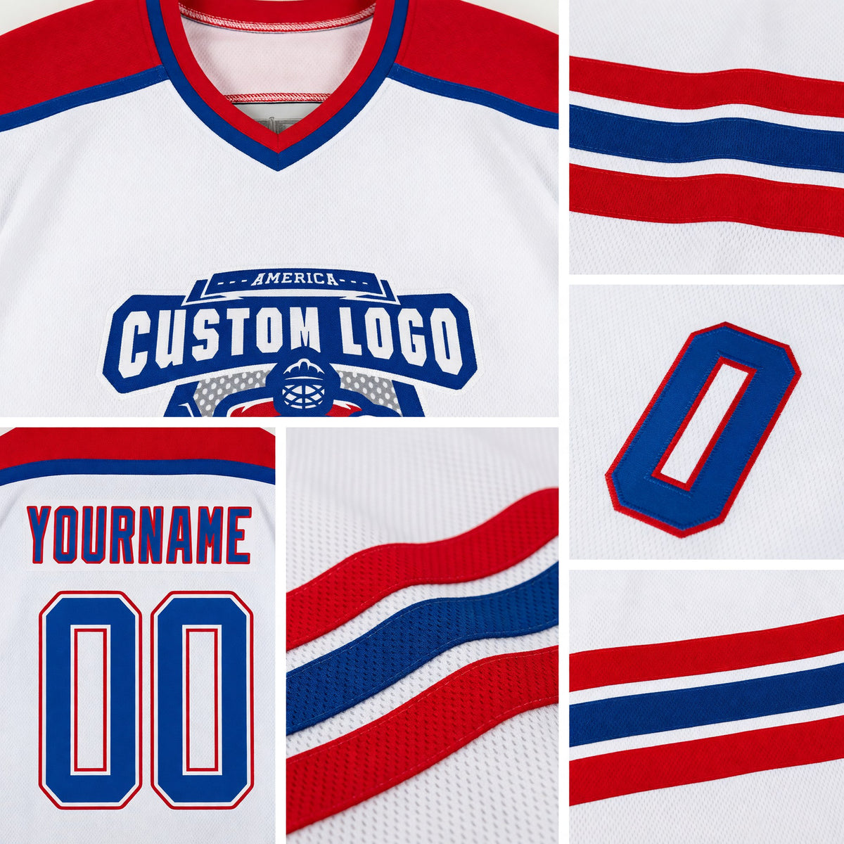 Custom White Royal-Red Hockey Jersey detail