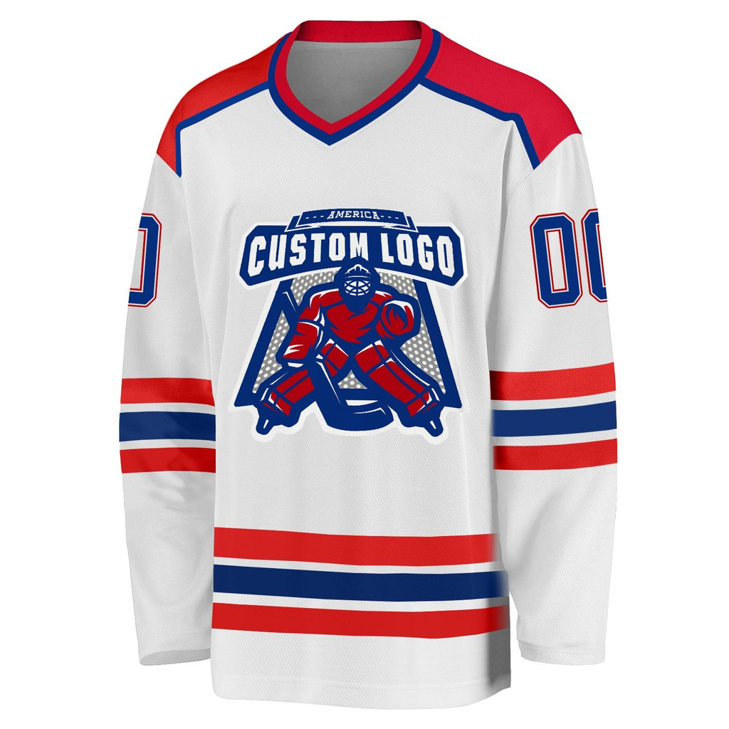 Custom White Royal-Red Hockey Jersey photo 2