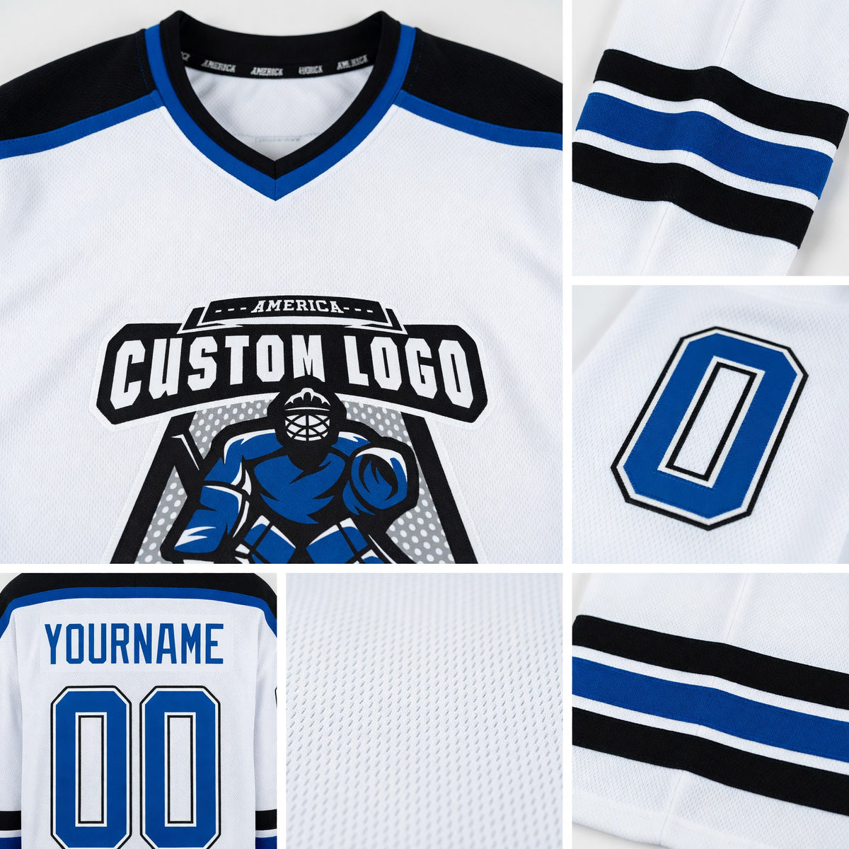 Custom White Royal-Black Hockey Jersey detail