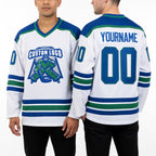 Custom White Royal-Kelly Green Hockey Jersey worn front and back