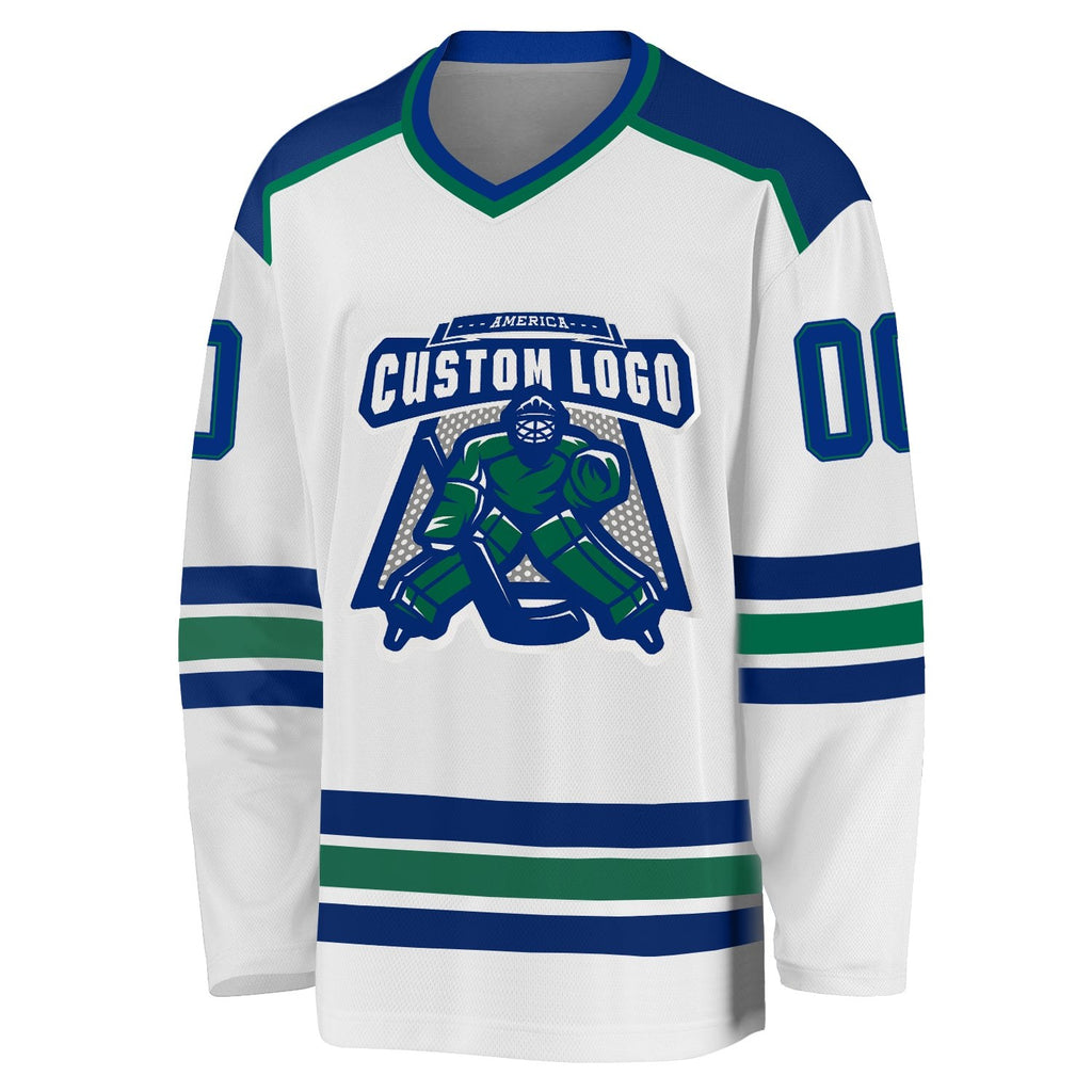 Custom White Royal-Kelly Green Hockey Jersey photo 2