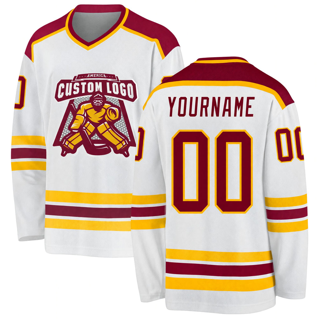 Custom White Maroon-Gold Hockey Jersey