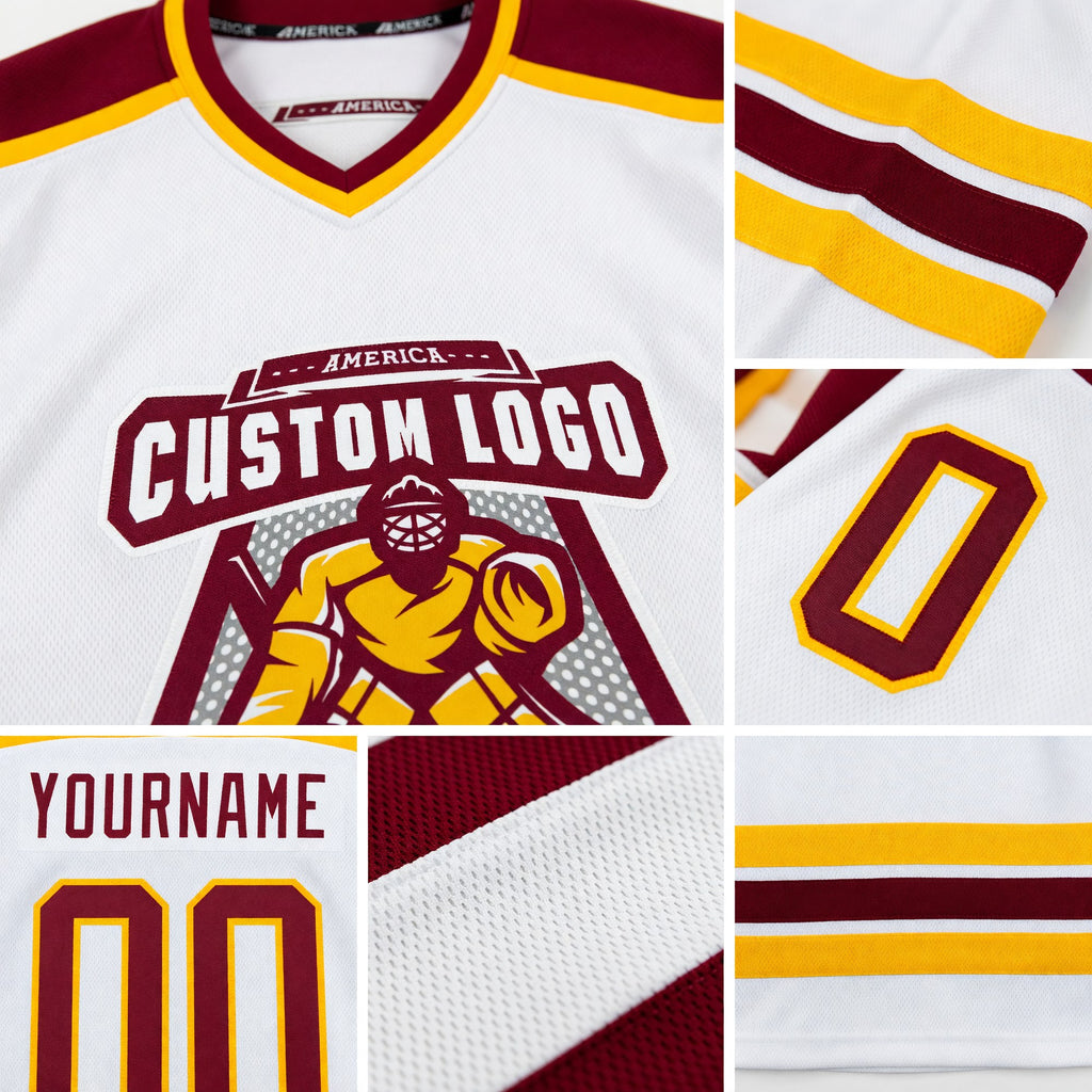 Custom White Maroon-Gold Hockey Jersey detail