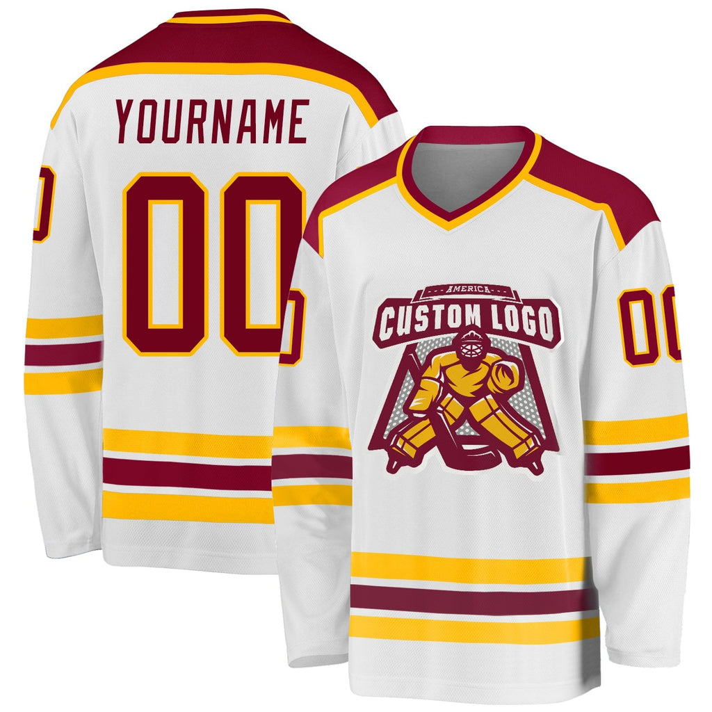 Custom White Maroon-Gold Hockey Jersey photo 1