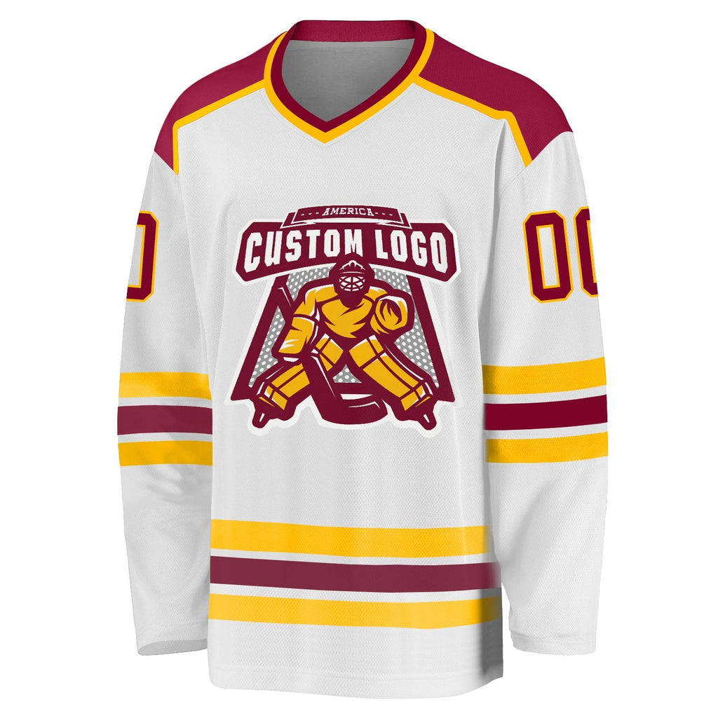 Custom White Maroon-Gold Hockey Jersey photo 2