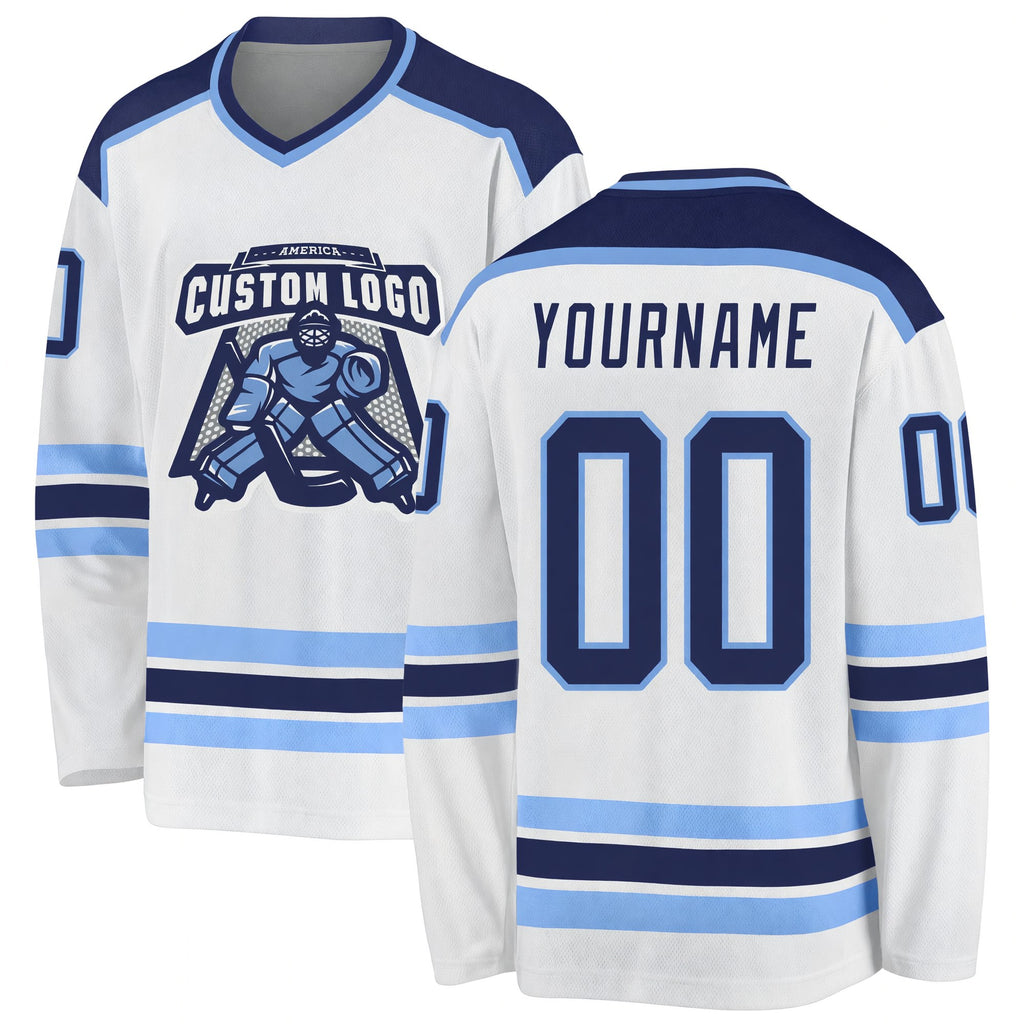 Custom White Navy-Light Blue Hockey Jersey