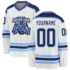 Custom White Navy-Light Blue Hockey Jersey