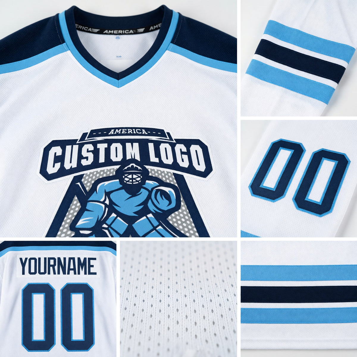 Custom White Navy-Light Blue Hockey Jersey detail