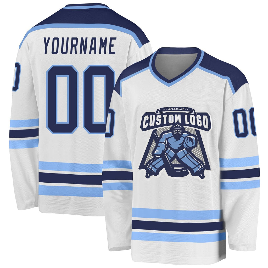 Custom White Navy-Light Blue Hockey Jersey photo 1