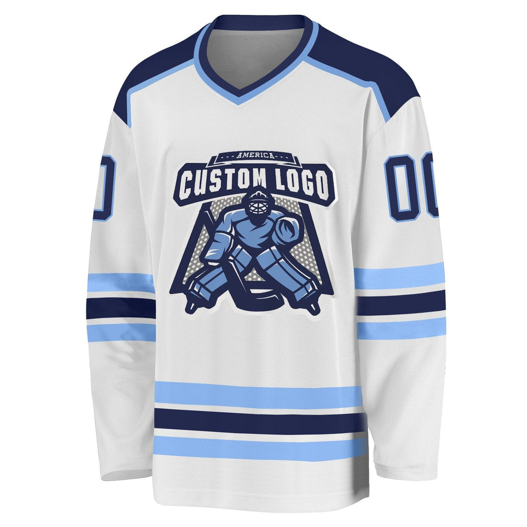 Custom White Navy-Light Blue Hockey Jersey photo 2