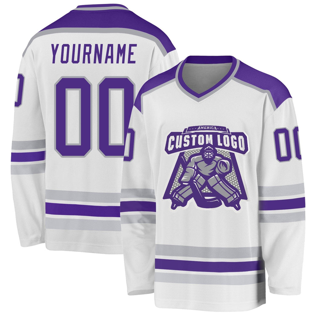 Custom White Purple-Gray Hockey Jersey photo 1