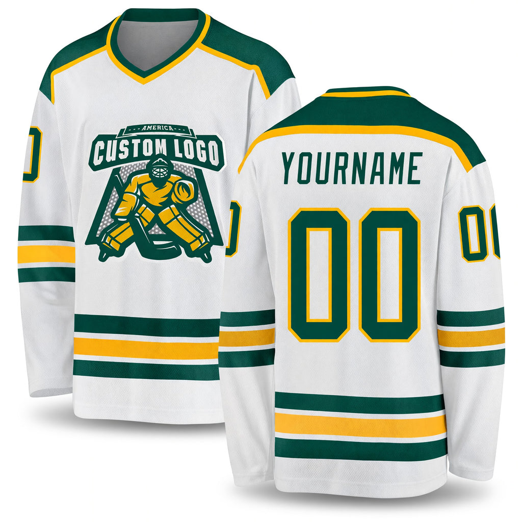 Custom White Green-Gold Hockey Jersey