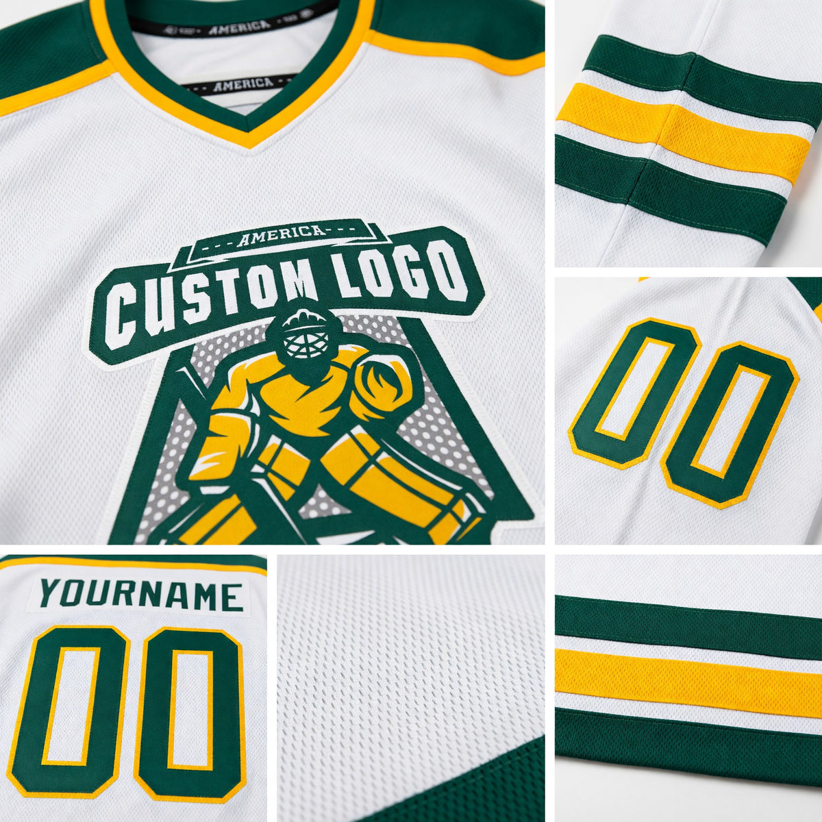 Custom White Green-Gold Hockey Jersey detail