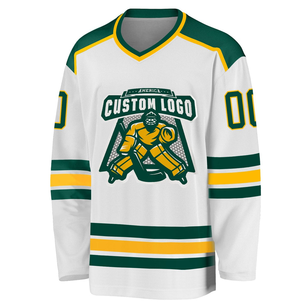 Custom White Green-Gold Hockey Jersey photo 3