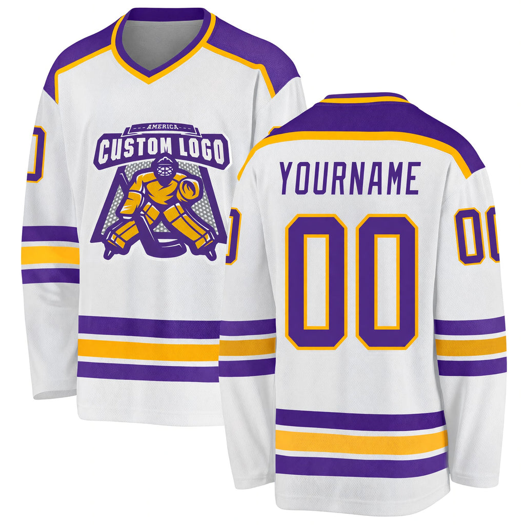 Custom White Purple-Gold Hockey Jersey