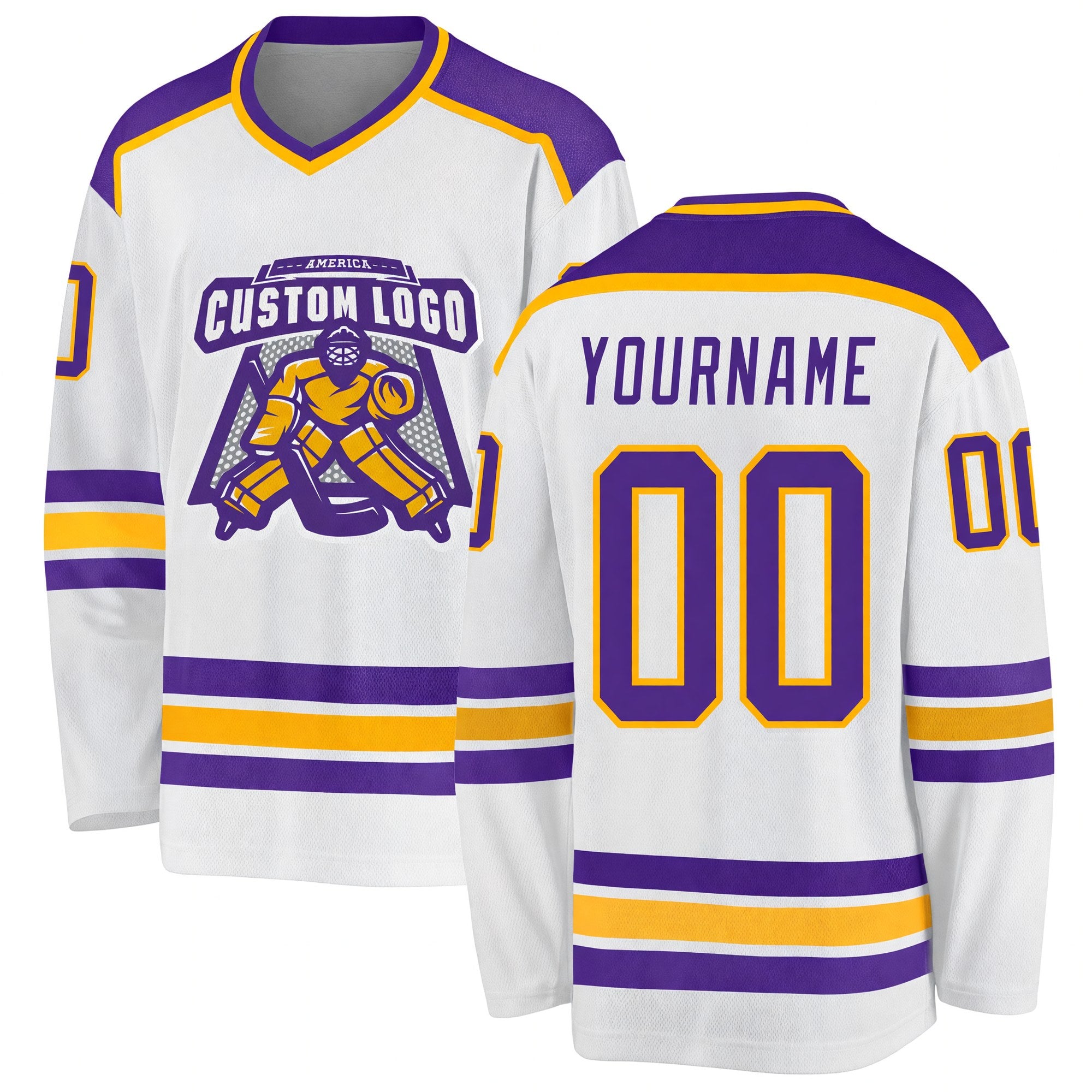 Custom White Purple-Gold Hockey Jersey
