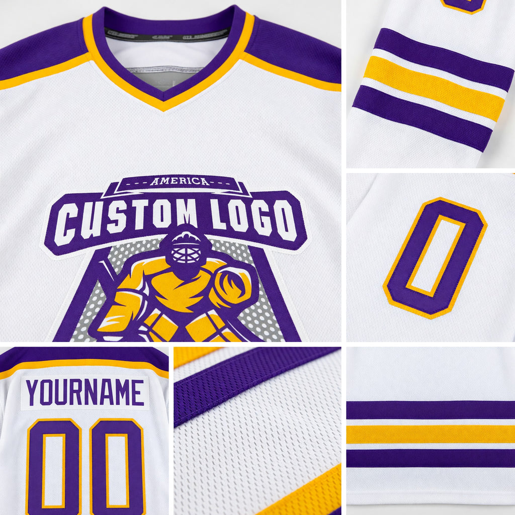 Custom White Purple-Gold Hockey Jersey detail