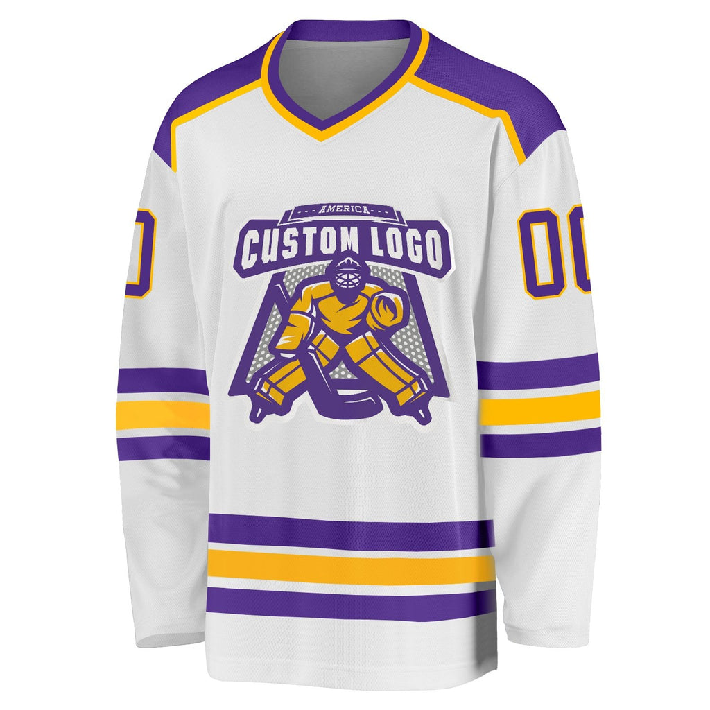 Custom White Purple-Gold Hockey Jersey photo 2