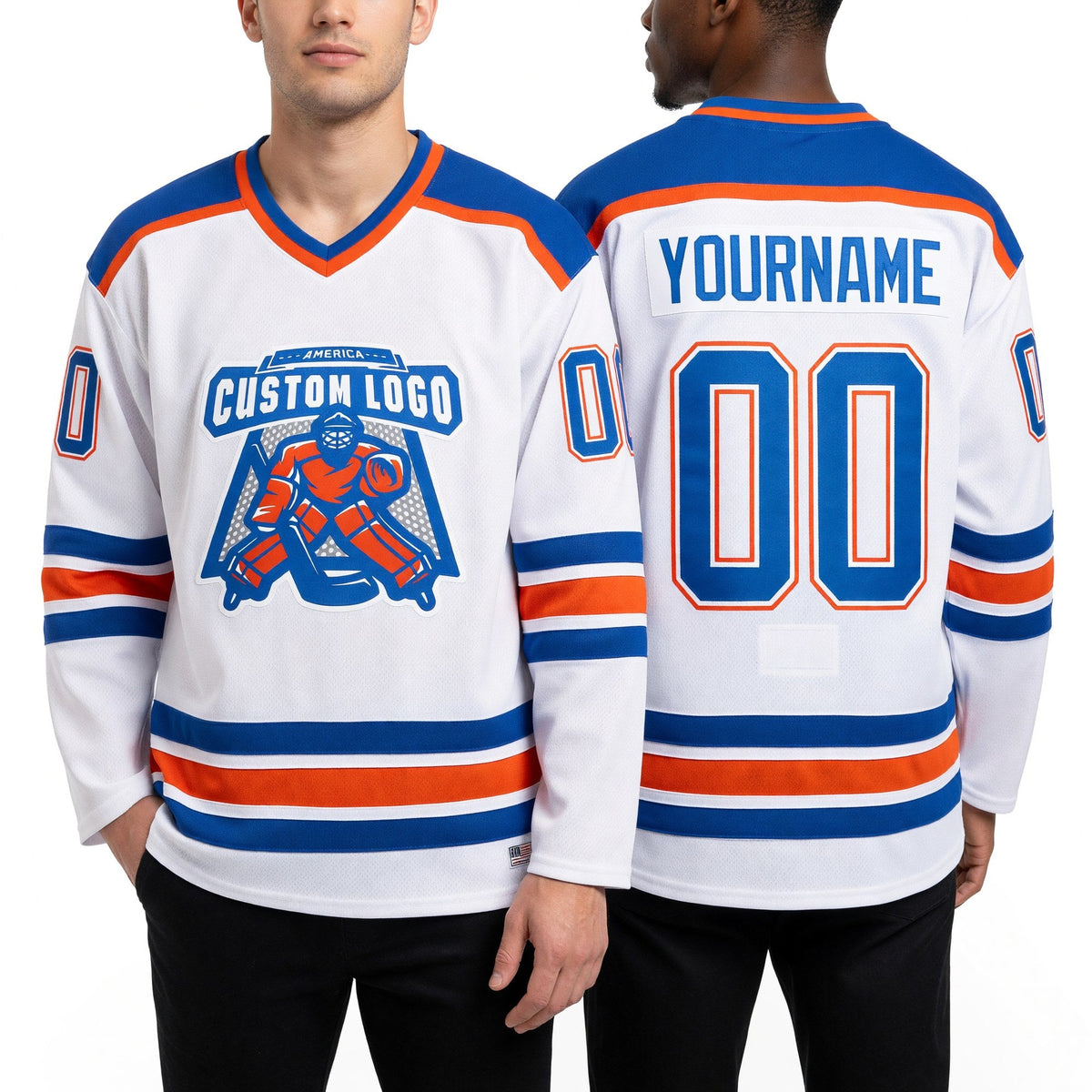 Custom White Blue-Orange Hockey Jersey worn front and back