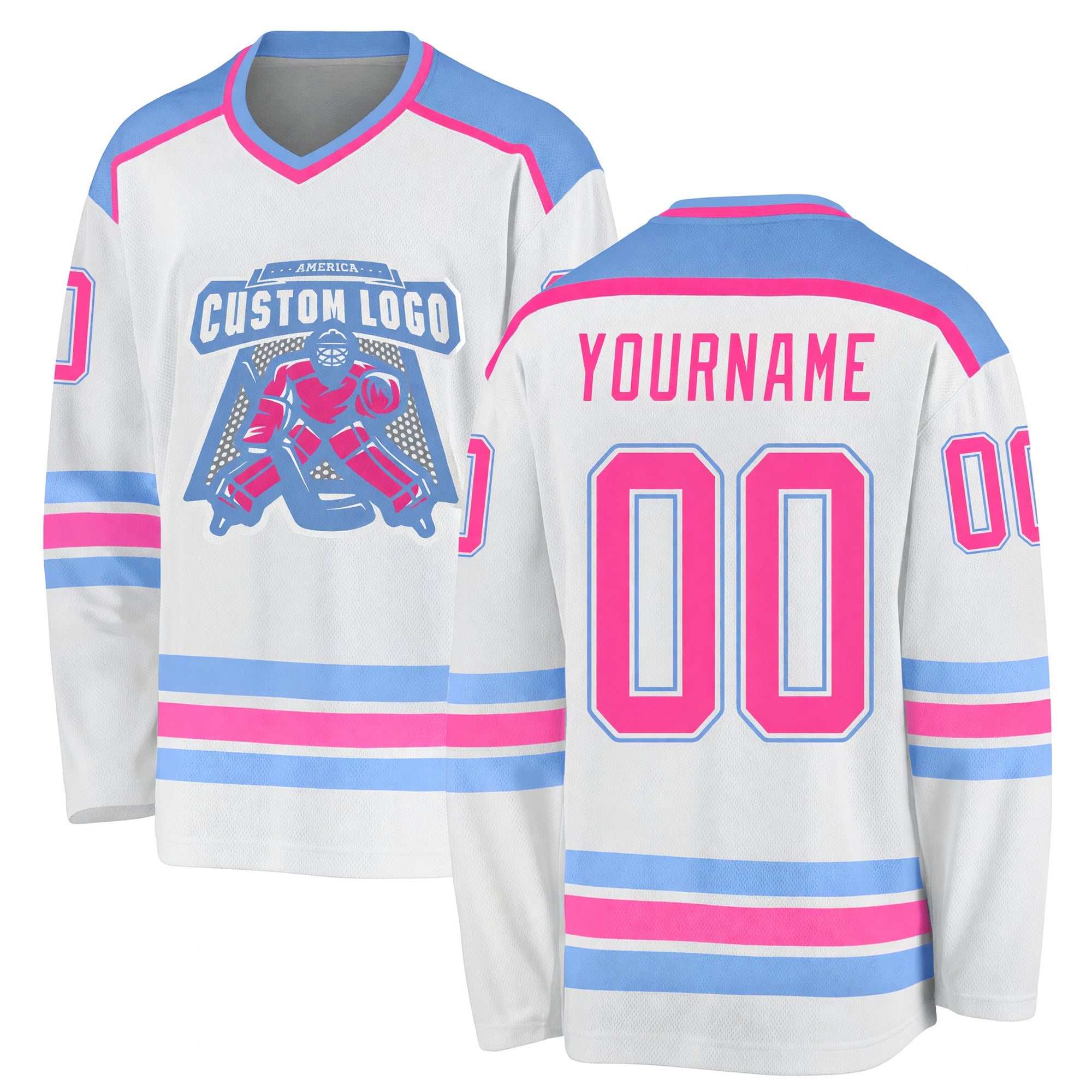 Custom White Pink-Light Blue Hockey Jersey