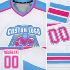 Custom White Pink-Light Blue Hockey Jersey detail
