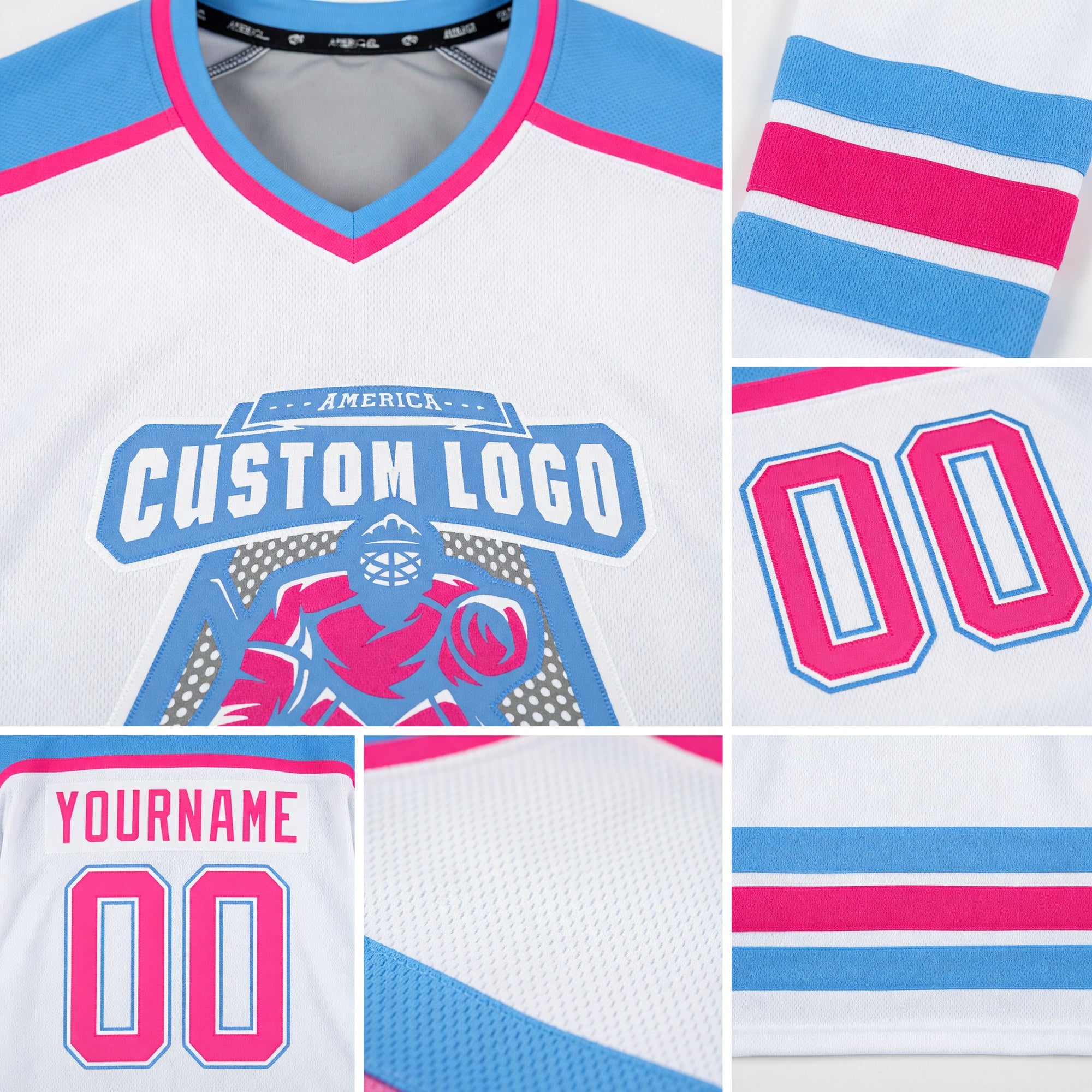 Custom White Pink-Light Blue Hockey Jersey detail
