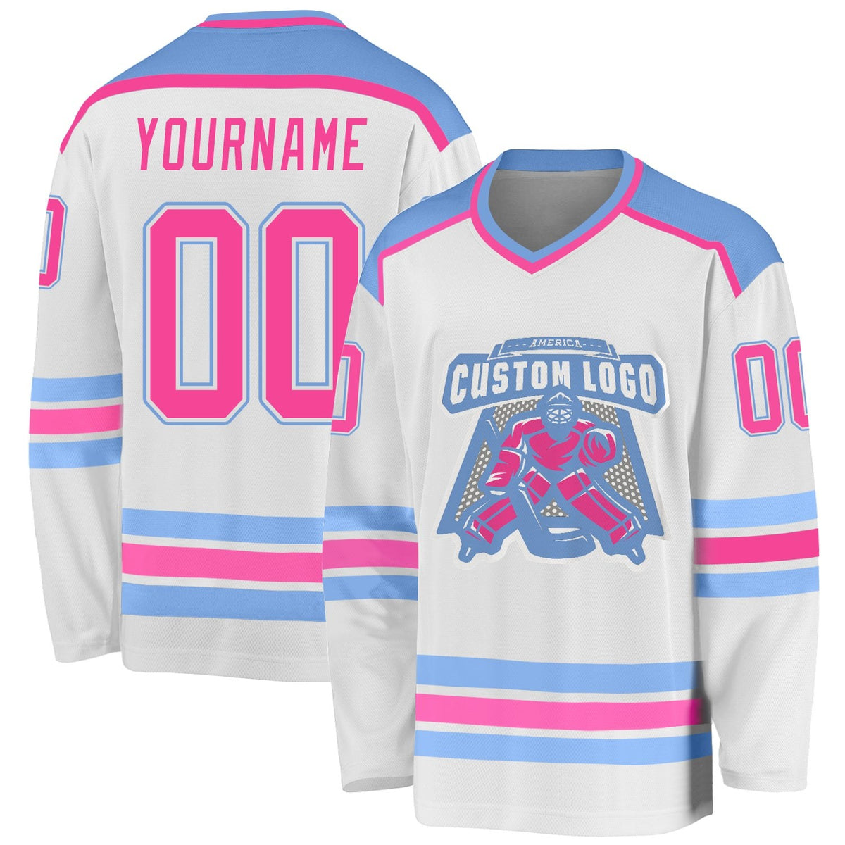 Custom White Pink-Light Blue Hockey Jersey photo 1