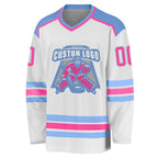 Custom White Pink-Light Blue Hockey Jersey photo 2
