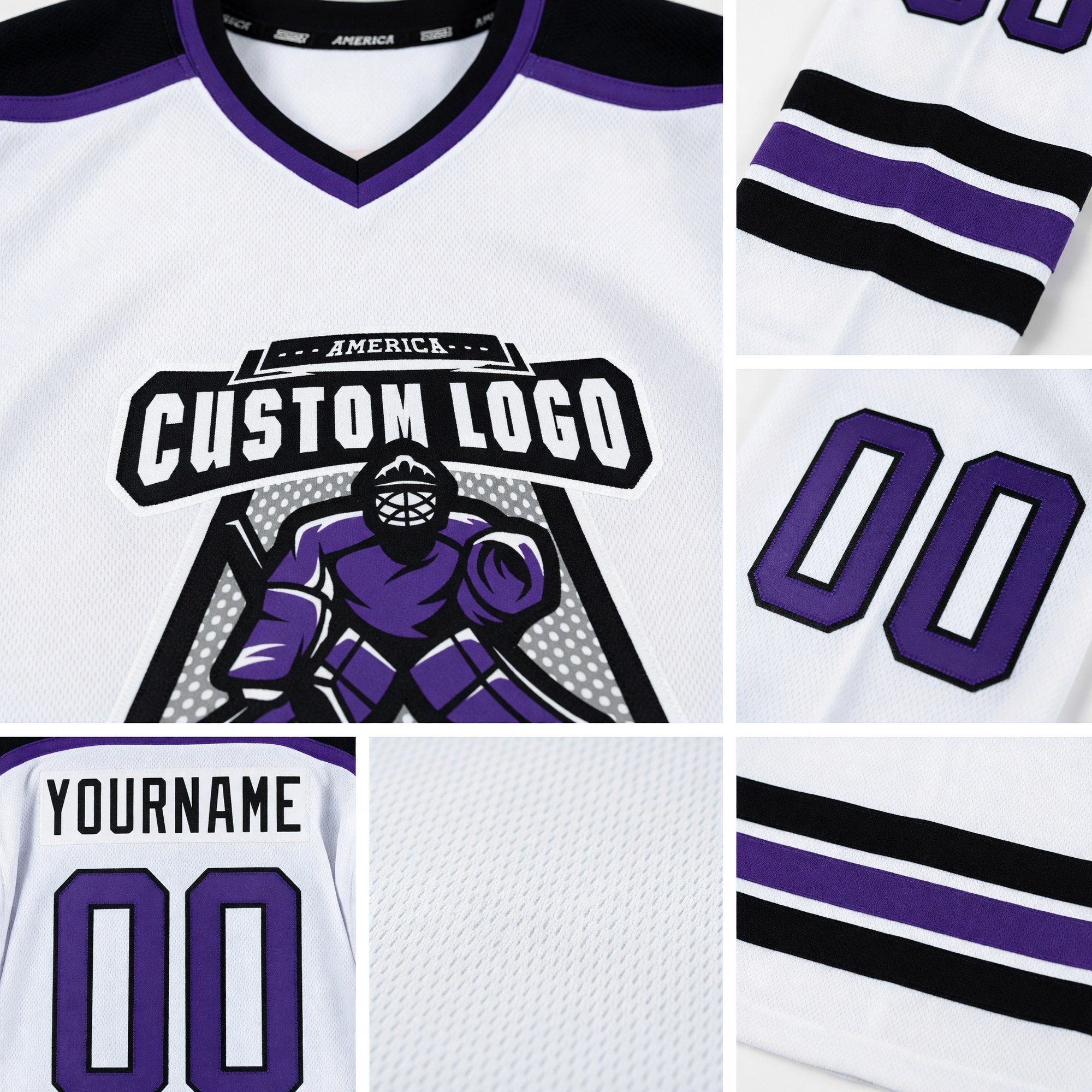 Custom White Purple-Black Hockey Jersey detail