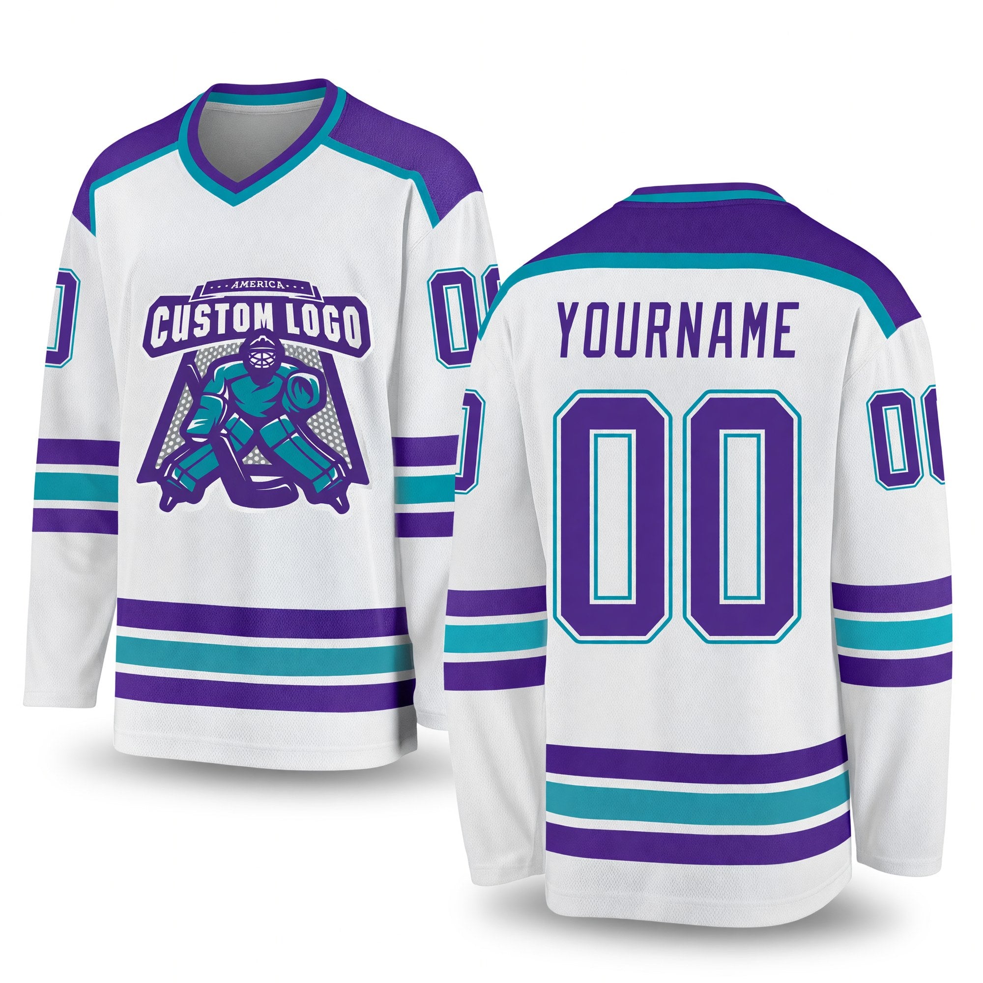 Custom White Purple-Teal Hockey Jersey