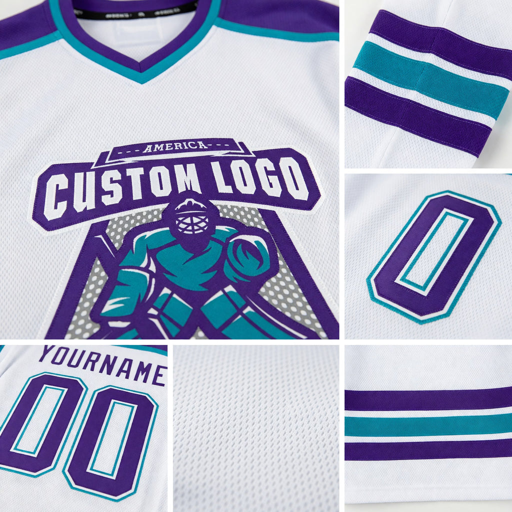 Custom White Purple-Teal Hockey Jersey detail
