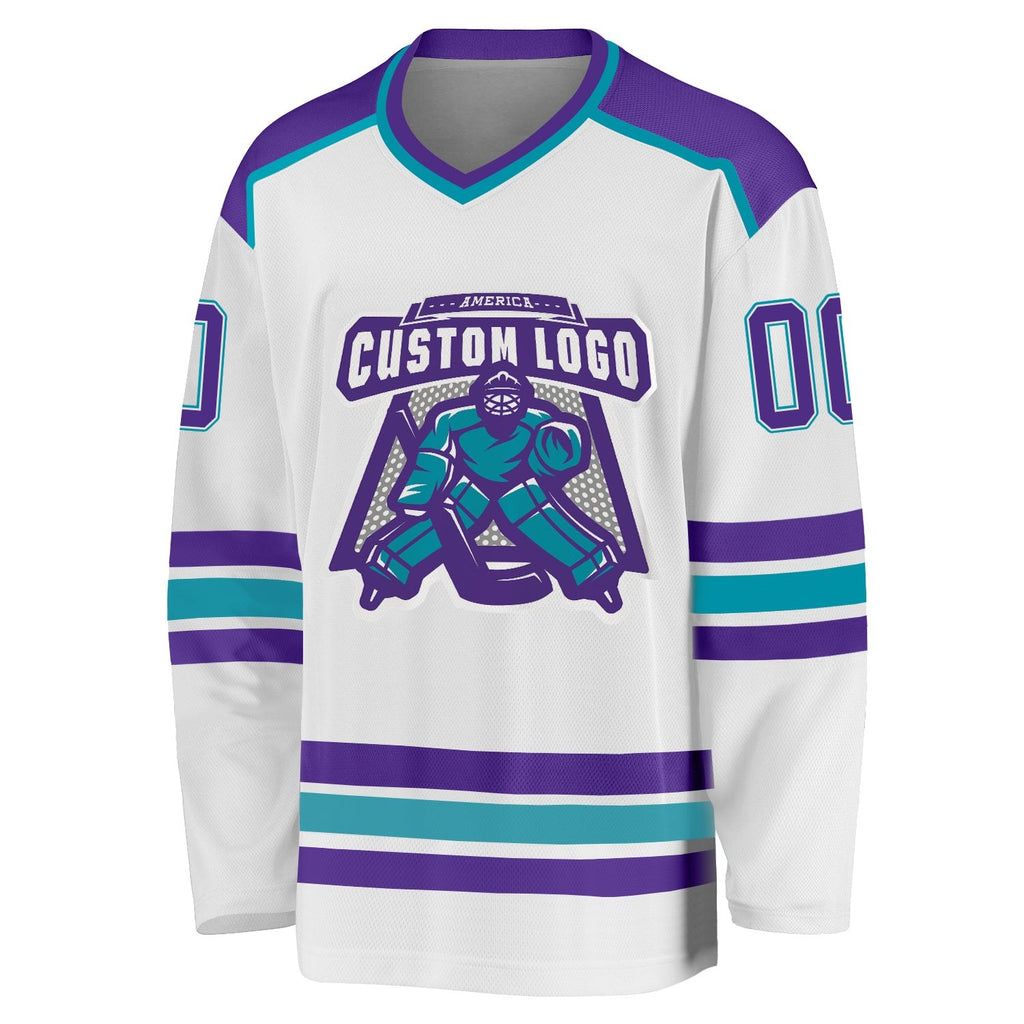 Custom White Purple-Teal Hockey Jersey photo 2