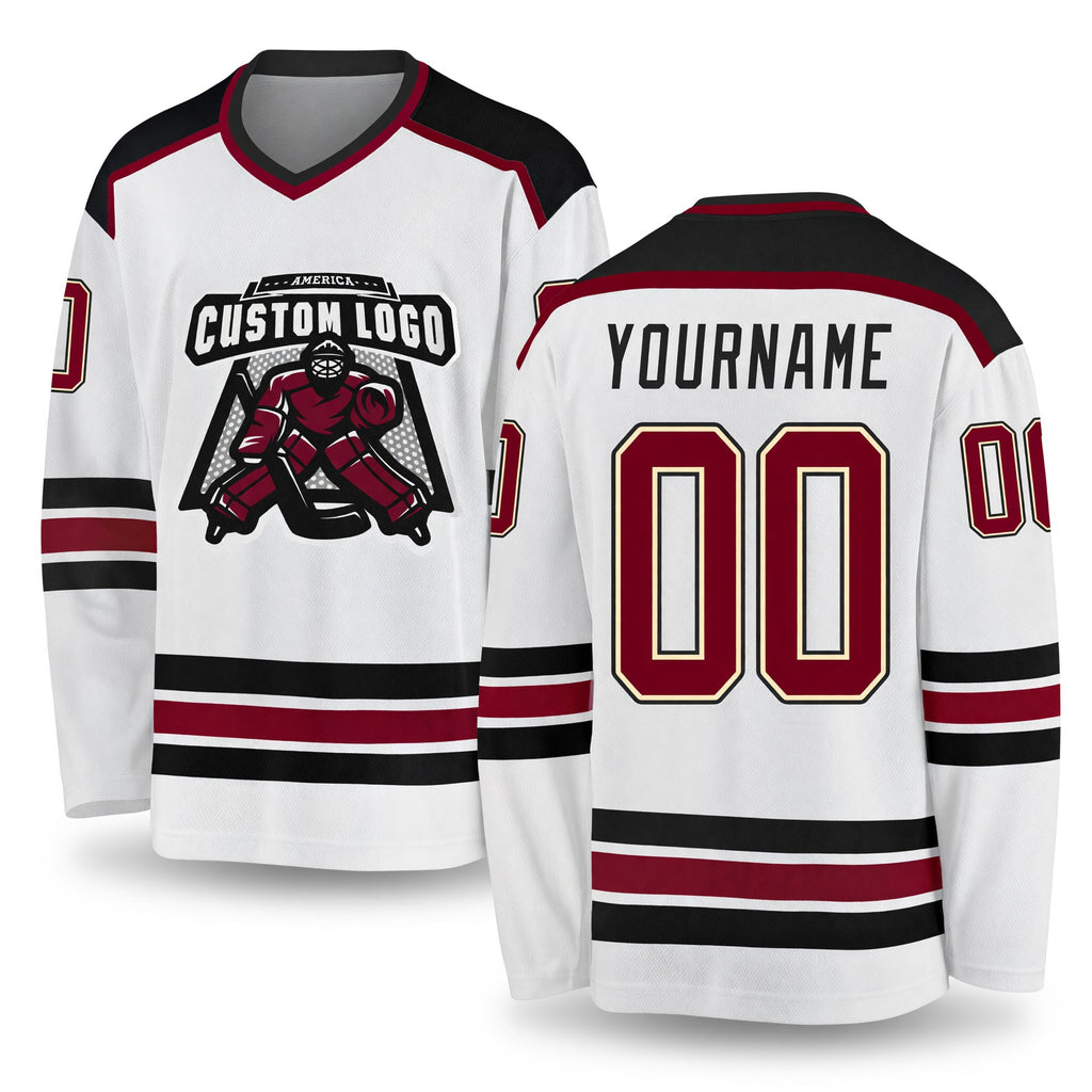 Custom White Maroon Cream-Black Hockey Jersey