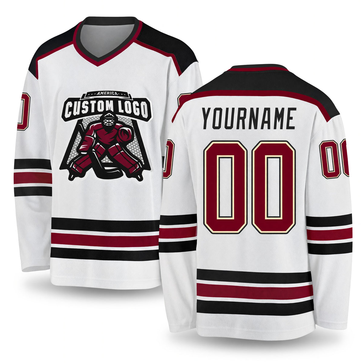 Custom White Maroon Cream-Black Hockey Jersey