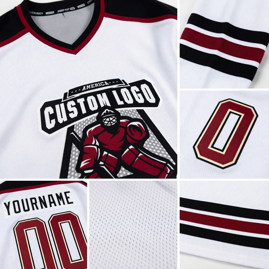 Custom White Maroon Cream-Black Hockey Jersey detail