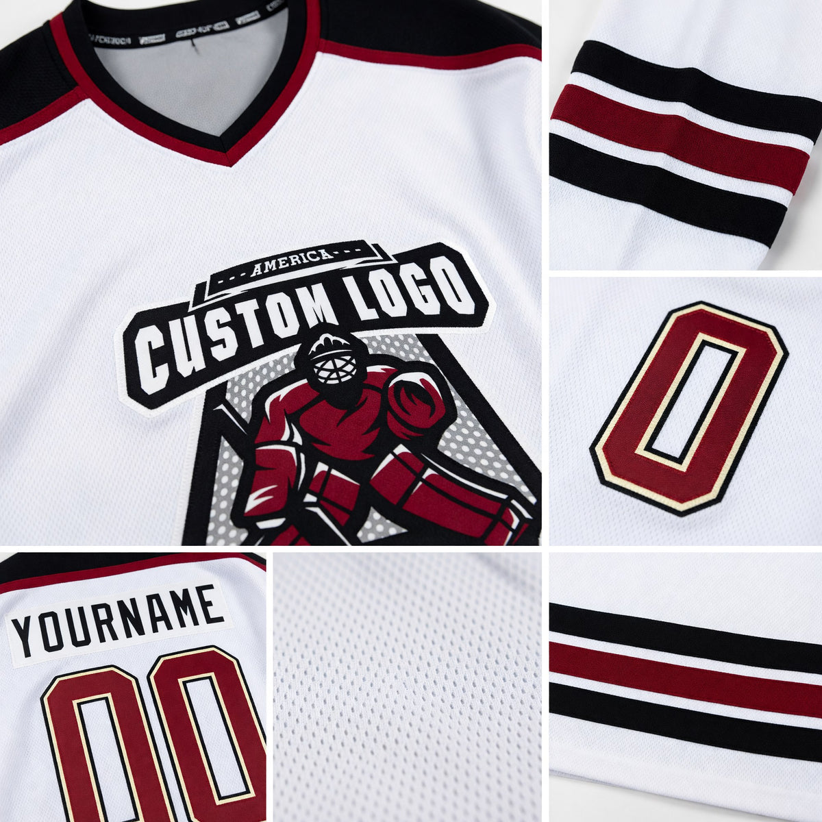 Custom White Maroon Cream-Black Hockey Jersey detail