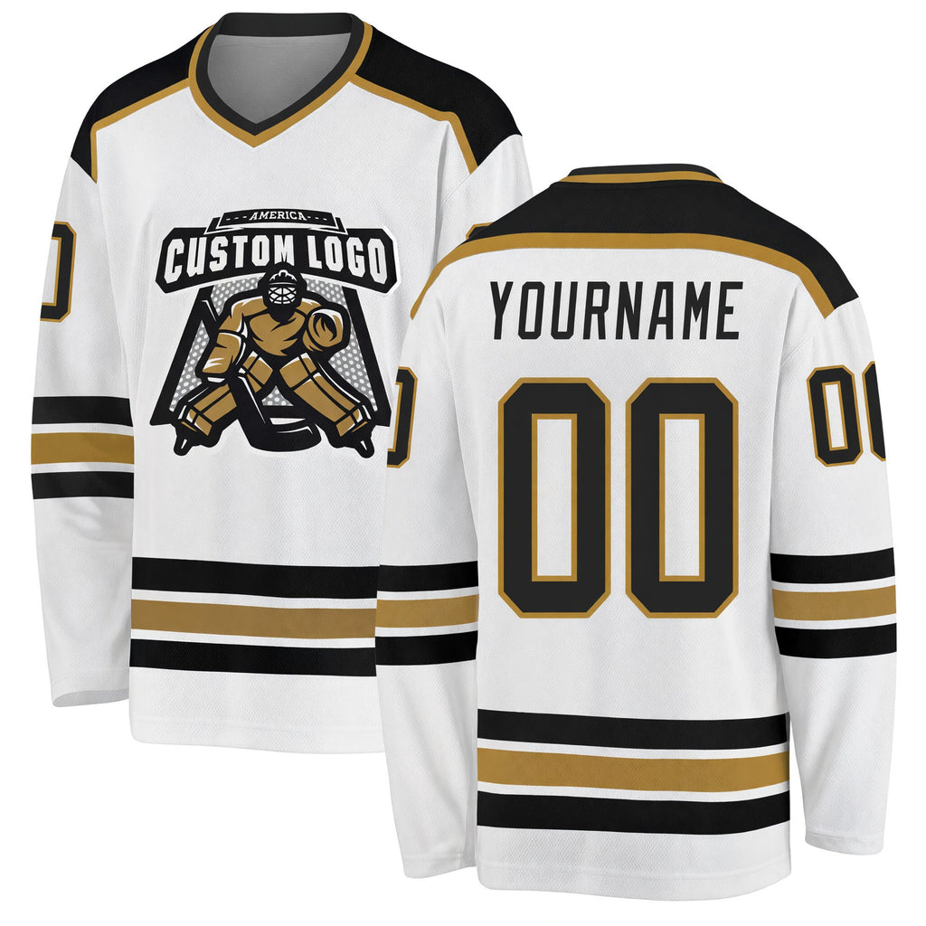 Custom White Black-Old Gold Hockey Jersey