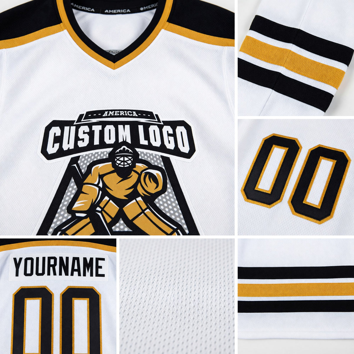 Custom White Black-Old Gold Hockey Jersey detail