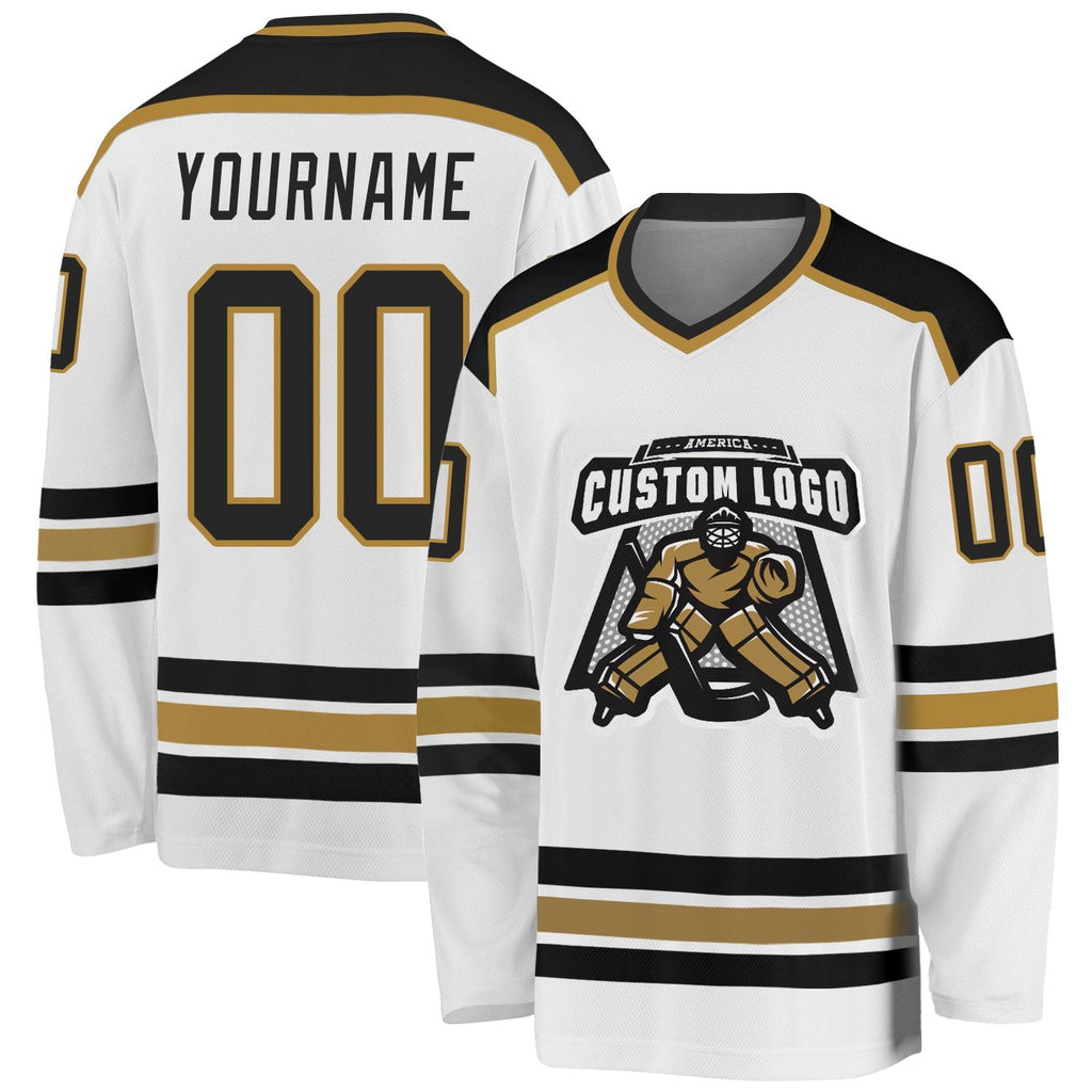 Custom White Black-Old Gold Hockey Jersey photo 1