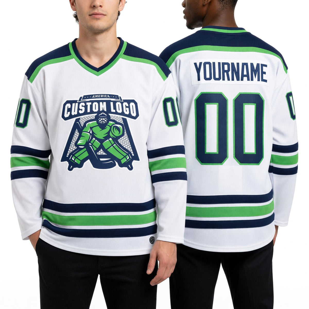 Custom White Navy-Neon Green Hockey Jersey worn front and back