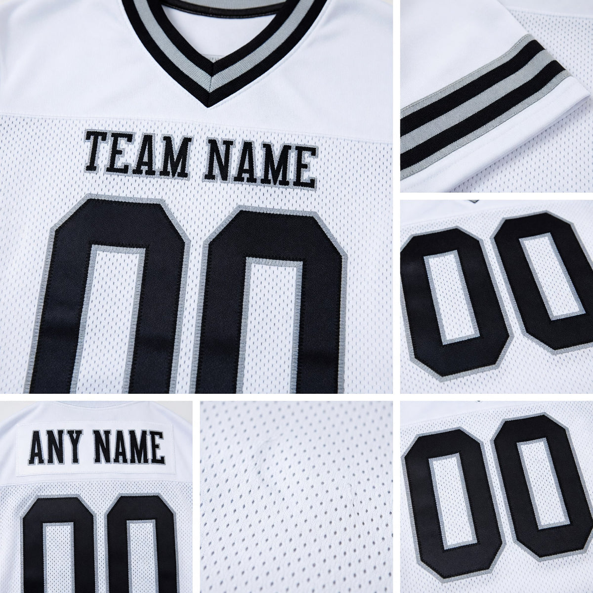 Custom White Black-Gray Mesh Authentic Football Jersey detail