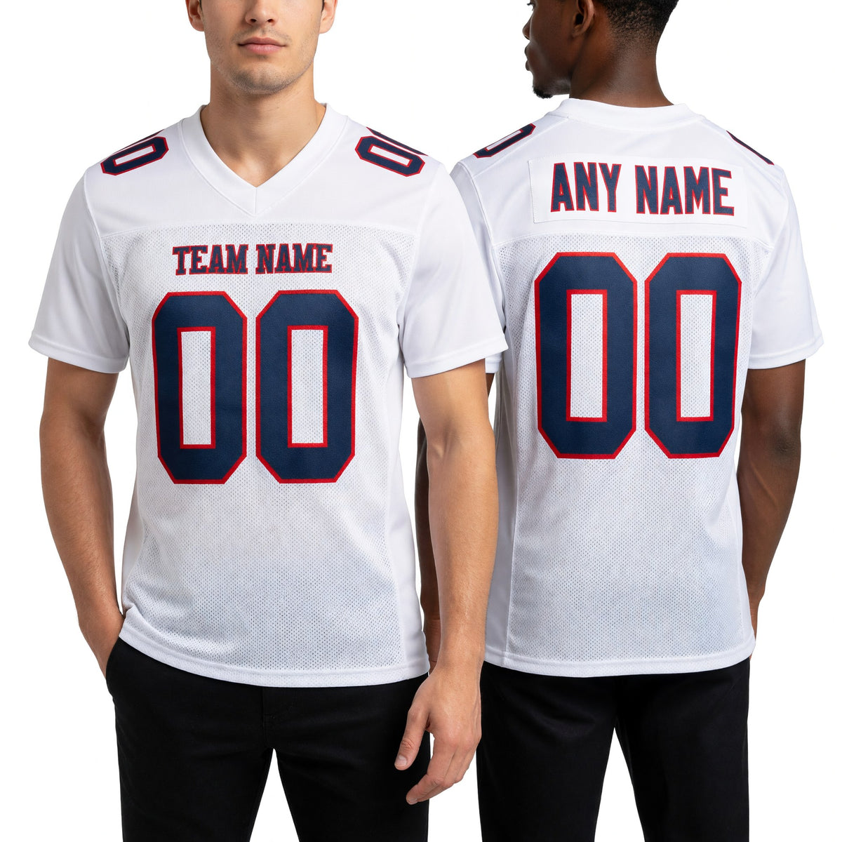 Custom White Navy-Red Mesh Authentic Football Jersey worn front and back